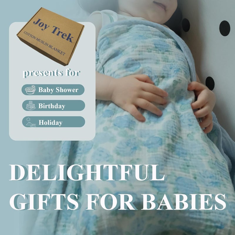 JoyTrek 100% Cotton Muslin Baby Blanket,Reversible Receiving Blanket for Girls,Premium Organic Cotton Crib Quilt for Newborns Toddlers,Soft&Durable for Nursery,Tummy Time,Blue Rose 47x47in - Image 5